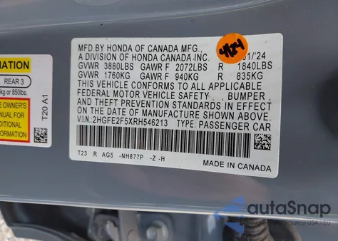 2024 Honda Civic Sport из США, поврежденный, VIN 2HGFE2F5XRH546213